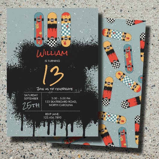 Retro Skateboard Blue Cool Spray Paint Verjaardag Kaart