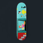 Retro-skateboard van zaterdagochtend persoonlijk skateboard<br><div class="desc">Welkom in de voorsteden! Dit Retro zaterdagochtend skateboard is voorzien van een aantrekkelijk minimalistisch stel cartoons in hun kleine hoek van het paradijs. Vanuit het raam van een turkooishuis en een blauwgroen baksteenhuis zien we Mrs Homemaker. De mooie roodkop draagt een hete roze kikker. Ze houdt een pitcher van nieuw...</div>