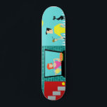 Retro-skateboard van zaterdagochtend persoonlijk skateboard<br><div class="desc">Welkom in de voorsteden! Dit Retro zaterdagochtend skateboard is voorzien van een aantrekkelijk minimalistisch stel cartoons in hun kleine hoek van het paradijs. Vanuit het raam van een turkooishuis en een blauwgroen baksteenhuis zien we Mrs Homemaker. De mooie roodkop draagt een hete roze kikker. Ze houdt een pitcher van nieuw...</div>