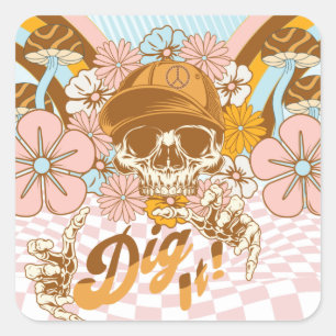 Retro Skelet Botanische Bloemen  Vierkante Sticker