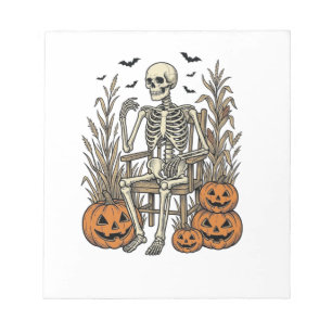 Retro Skelet en Pompoenen Halloween T-shirt Desi Notitieblok