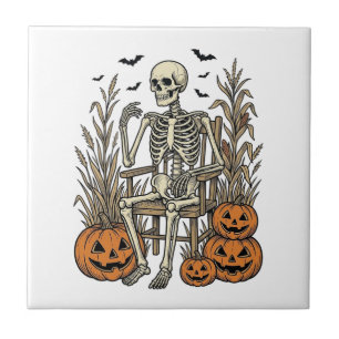 Retro Skelet en Pompoenen Halloween T-shirt Desi Tegeltje