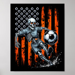 Retro skelet speelt voetbal Usa vlag griezelige za Poster