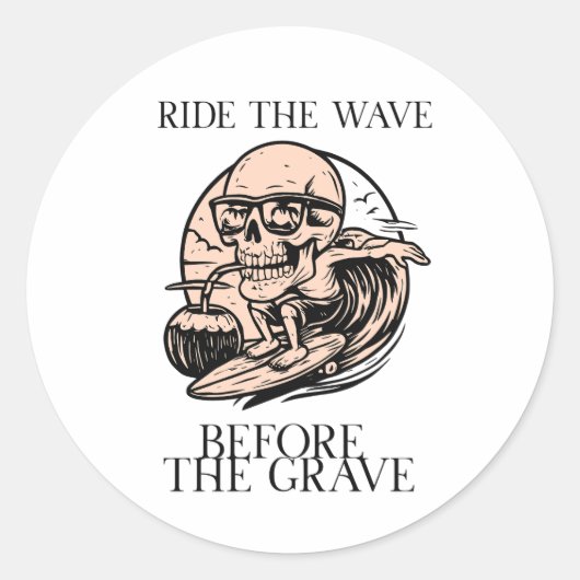 Retro Skelet Surfen Ride The Wave Before Ronde Sticker (Voorkant)