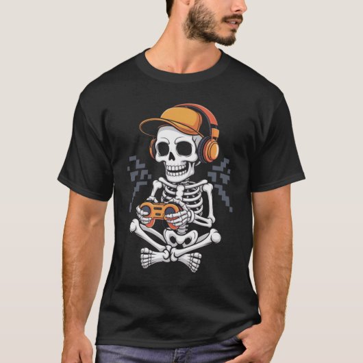 Retro Skeleton Gamer met Headset en Controller T-shirt (Voorkant)