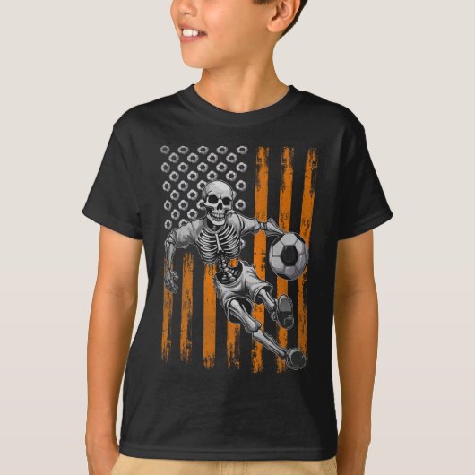 Retro Skeleton Spelen Voetbal Amerikaanse vlag Hal T-shirt (Voorkant)