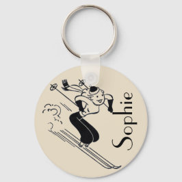 /Retro Ski graving Personalized Sleutelring Sleutelhanger