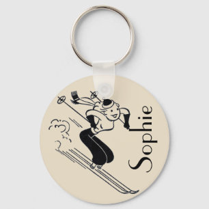 /Retro Ski graving Personalized Sleutelring Sleutelhanger