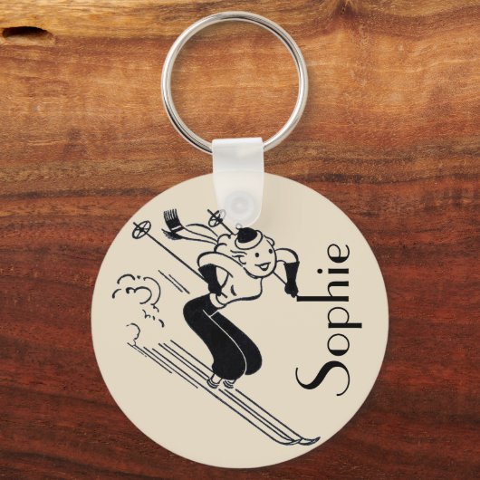 /Retro Ski graving Personalized Sleutelring Sleutelhanger (Voorkant)