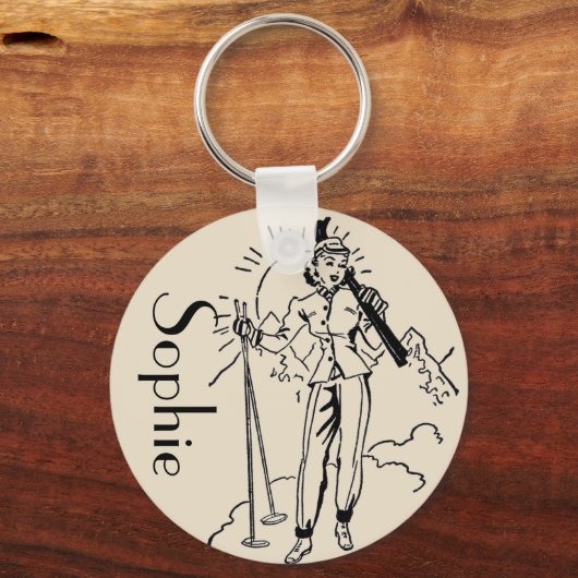 /Retro Ski graving Personalized Sleutelring Sleutelhanger (Voorkant)