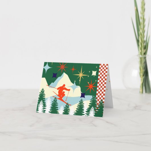 Retro Ski-kerstkaart Feestdagen Kaart (Voorkant)