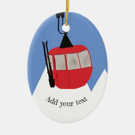 Retro Ski Lift Skiën Sneeuw Berg Illustratie Keramisch Ornament (Voorkant)