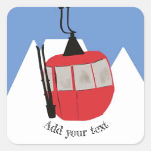 Retro Ski Lift Skiën Sneeuw Berg Illustratie Vierkante Sticker