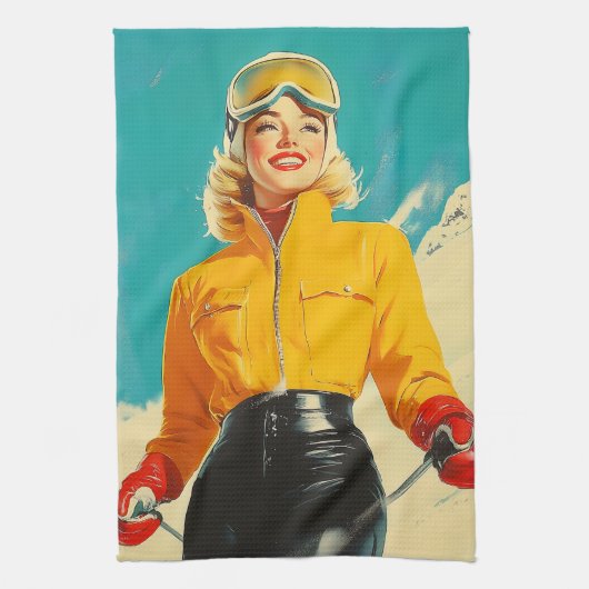Retro Skiën Glamour  Winteravontuur Theedoek (Verticaal)