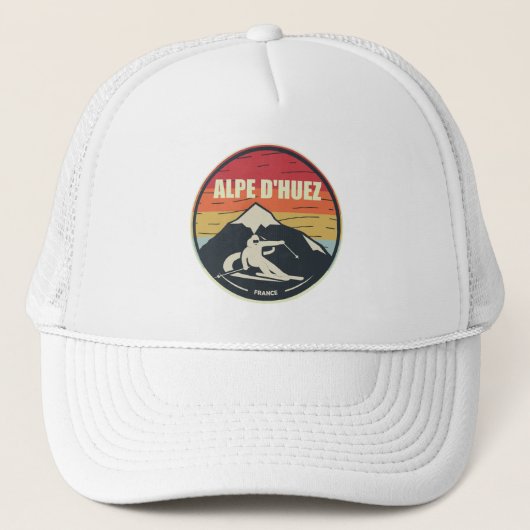 Retro Skiing Alpe d'Huez France Ski Trucker Pet (Voorkant)