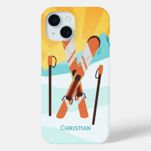 Retro Skiing Design met Snowy Landscape iPhone 15 Case