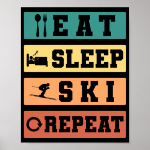 Retro Skiing Eat Sleep Ski Herhaal Skier Winter Poster