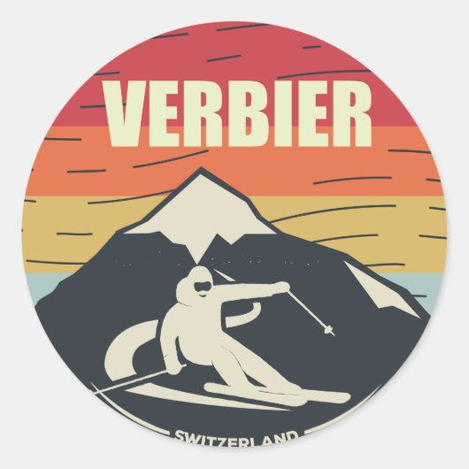 Retro Skiing Verbier Zwitserland Ski Ronde Sticker (Voorkant)