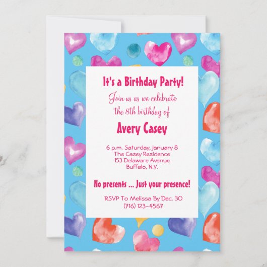 Retro Sky Blue Waterverf Hearts Cute Birthday Kaart (Voorkant)