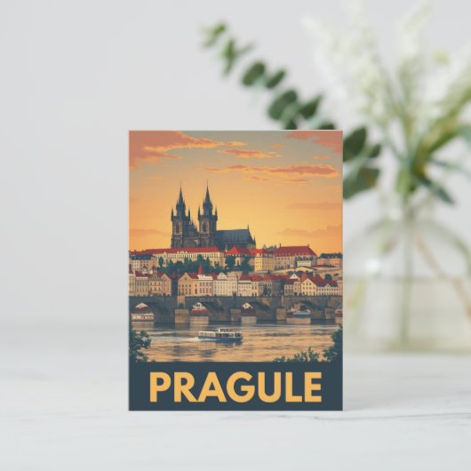Retro skyline van Praag Briefkaart (Staand voorkant)