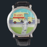 Retro Small Town Milkman Watch Horloge<br><div class="desc">Als je een dorst hebt voor een modern design uit de midden eeuw, dan is deze Retro Small Town Milkman Watch voor je! In de stijl van 1960, minimalistisch kunstontwerp is een toegewijde milkman te zien die zijn ochtendrondes maakt. Het blonde man draagt een melkwitte broek, een shirt en een...</div>