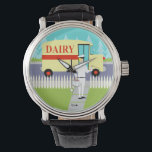 Retro Small Town Milkman Watch Horloge<br><div class="desc">Als je een dorst hebt voor een modern design uit de midden eeuw, dan is deze Retro Small Town Milkman Watch voor je! In de stijl van 1960, minimalistisch kunstontwerp is een toegewijde milkman te zien die zijn ochtendrondes maakt. Het blonde man draagt een melkwitte broek, een shirt en een...</div>