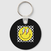 Retro Smile Face Checkered Pattern Preppy Happy Fa Sleutelhanger (Voorkant)