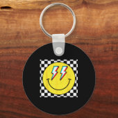 Retro Smile Face Checkered Pattern Preppy Happy Fa Sleutelhanger (Voorkant)