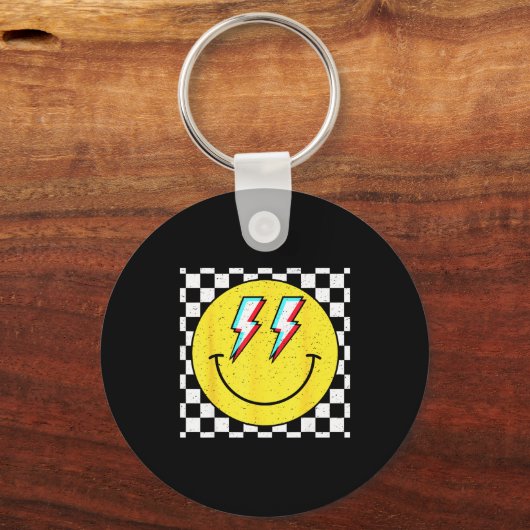 Retro Smile Face Checkered Pattern Preppy Happy Fa Sleutelhanger (Voorkant)