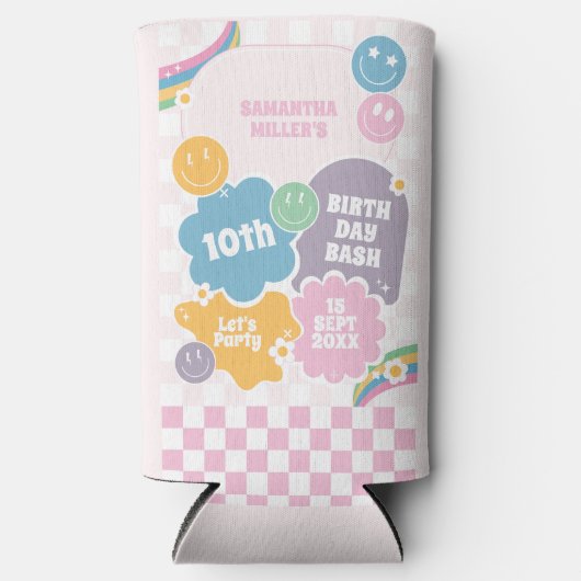 Retro Smiles Pastel Groovy Verjaardag Seltzer Blikjeskoeler (Voorkant)