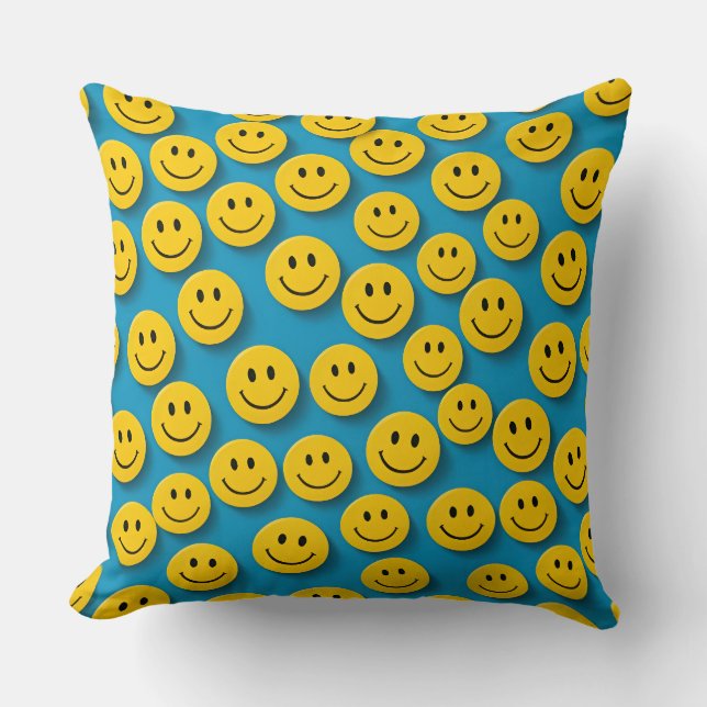 Retro Smiley Gezicht kussen – Blauw (Voorkant)