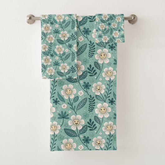 Retro Smiling Daisies Patroon – Groovy 70s Boho Bad Handdoek (Insitu)