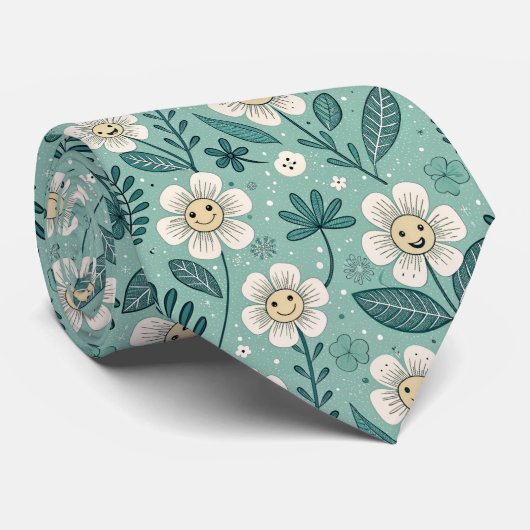 Retro Smiling Daisies Pattern – Groovy 70s Boho Stropdas (Opgerold)