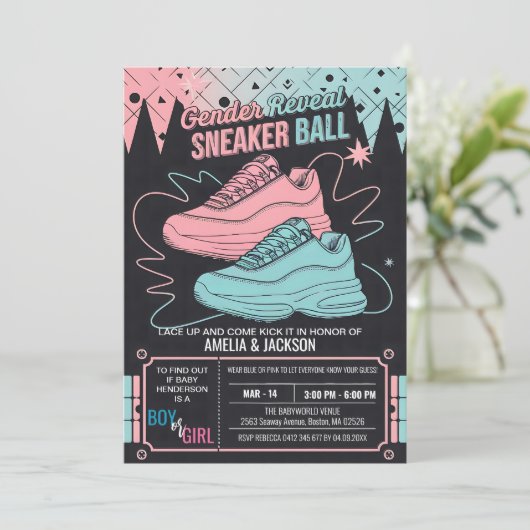 Retro Sneaker Ball Uitnodiging 90s Gender Reveal (Staand voorkant)