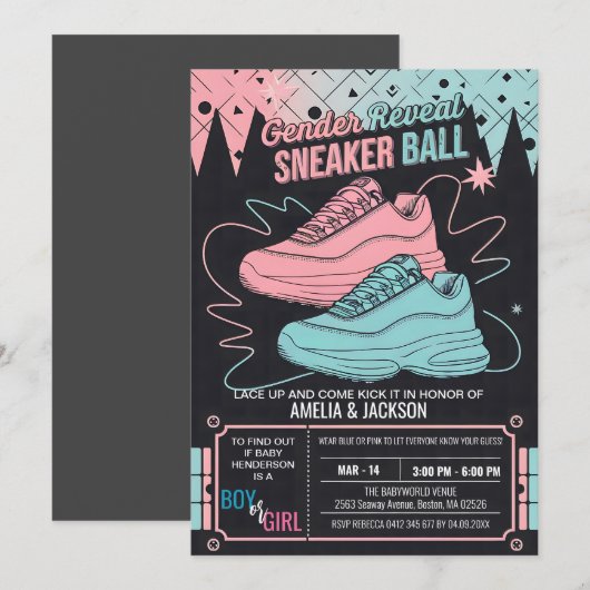 Retro Sneaker Ball Uitnodiging 90s Gender Reveal (Voorkant / Achterkant)