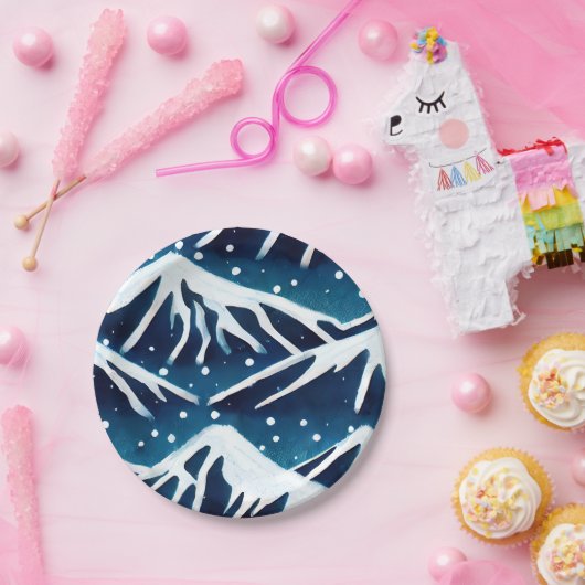 Retro Sneeuwblauwe bergen Papieren Bordje (Feest)