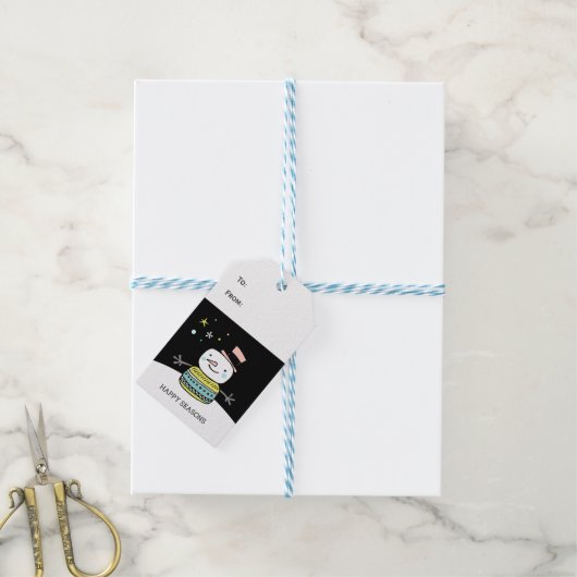 Retro sneeuwman blij kerstmis cadeaulabel (Met Touw)