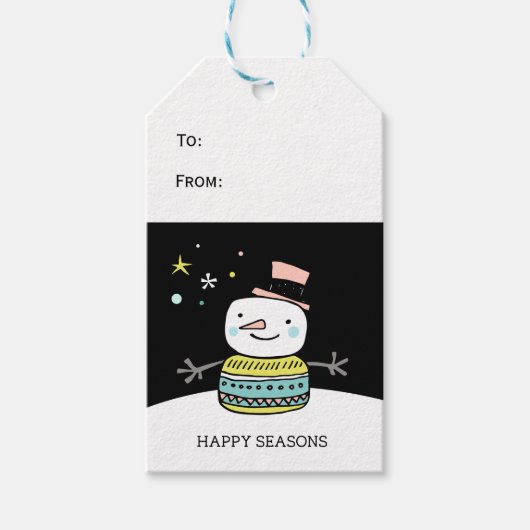 Retro sneeuwman blij kerstmis cadeaulabel (Voorkant)