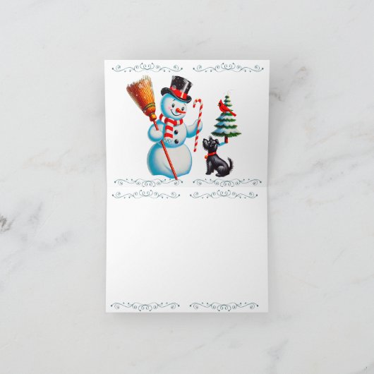 Retro Sneeuwman, Cute Hond, Rode Kardinaal En Bome Feestdagen Kaart (Binnen)