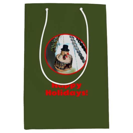 Retro Sneeuwman Kerstversiering Groen Medium Cadeauzakje (Voorkant)