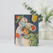 Retro sneeuwman kind Vakantie ansicht Feestdagenkaart (Staand voorkant)