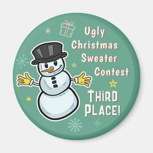 Retro Sneeuwman Lelijke Kersttrui Wedstrijd 3e Magneet (Voorkant)
