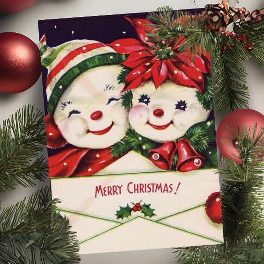  Retro Sneeuwman Paar Aangepaste Kerstmis Feestdagenkaart