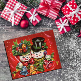  Retro Sneeuwman Paar Noel Groeten Feestdagen Kaart