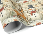 Retro  Sneeuwman Rendier Muzieknoten Cadeaupapier (Rol Hoek)