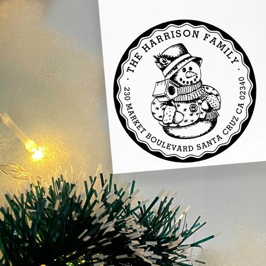 Retro Sneeuwman Ronde Familienaam & Retouradres Rubberstempel