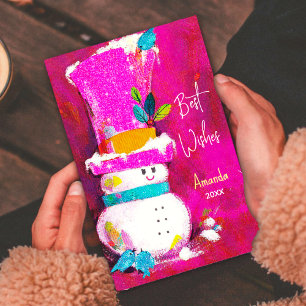  retro sneeuwman roze kerst nieuwjaar feestdagenkaart