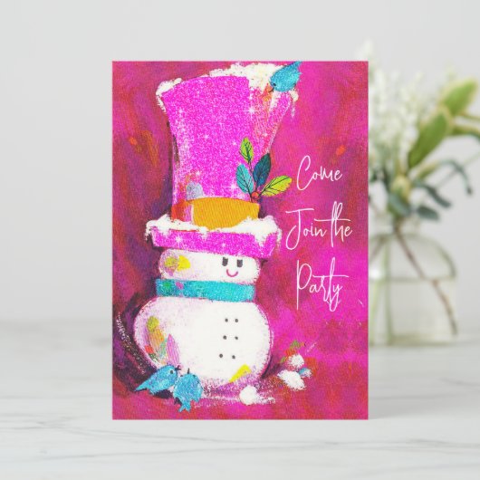  retro sneeuwman roze kerst nieuwjaar kaart (Staand voorkant)