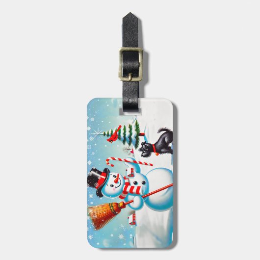 Retro sneeuwman, Schattigee hond, rode kardinaal e Bagagelabel (Voorkant verticaal)