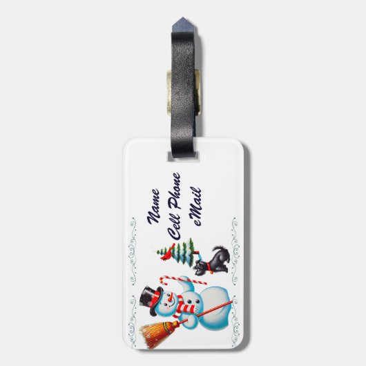 Retro sneeuwman, Schattigee hond, rode kardinaal e Bagagelabel (Achterkant verticaal)